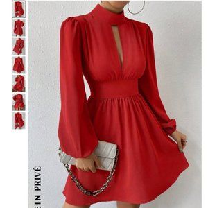 SHEIN Privé Keyhole Neckline Lantern Sleeve Dress in Red Size M NWOT